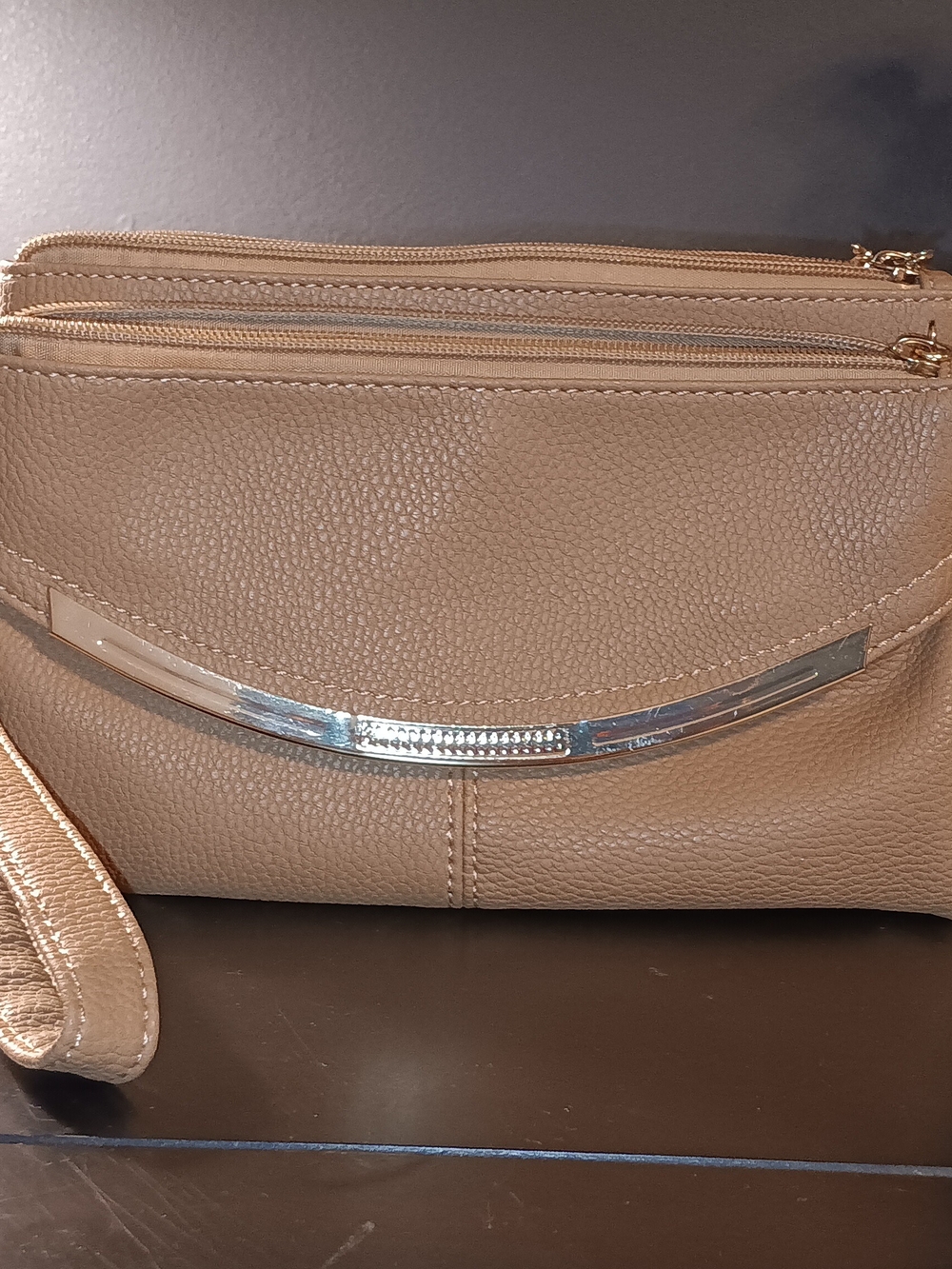 Beige Pebbled Leather Crossbody Clutch with Silver Accent